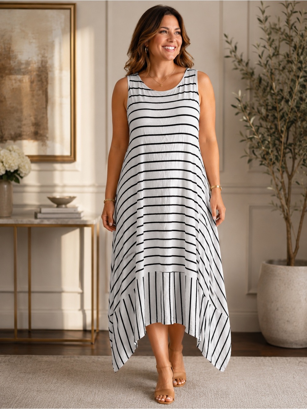 NWT Kozan Sleeveless Striped Handkerchief Hem Dress - White/Black